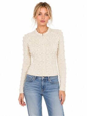 Hunter Bell Ivory Bubble Wool Knit Cardigan Sweater Soft Cottage Womens size XS